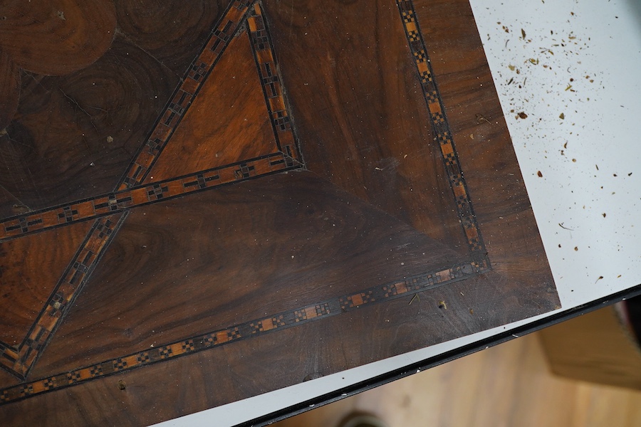 A pair of 19th century oyster laburnum/walnut and parquetry inlaid panels, 47cm sq